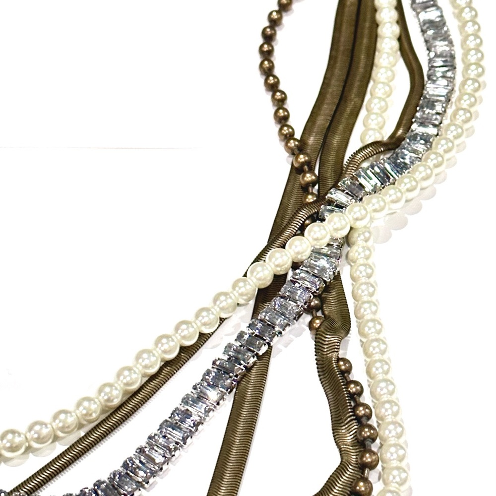CHICO’s Lux Brass, Pearl & Channel-set Crystal Layered Statement Necklace NWT - Picture 8 of 9